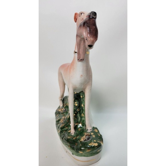 Vintage Staffordshire Whippet Greyhound Hunting Dog w. Rabbit Hare Figurine 11" - Picture 7 of 15